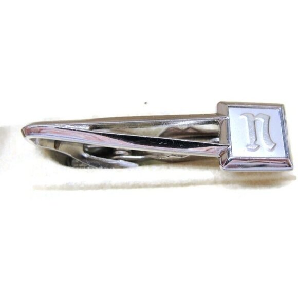 Signed Swank Set Silver Tone Square Cufflinks Neck Tie Clip Shirt Vintage IOB - Picture 9 of 12